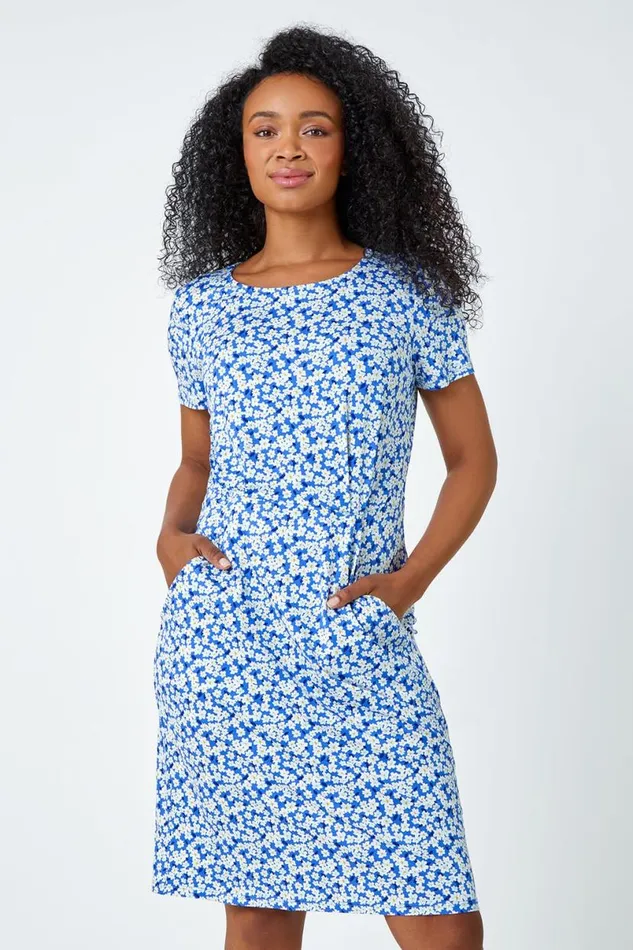 Blue Ditsy Floral Pocket Stretch Dress Women Roman Dresses