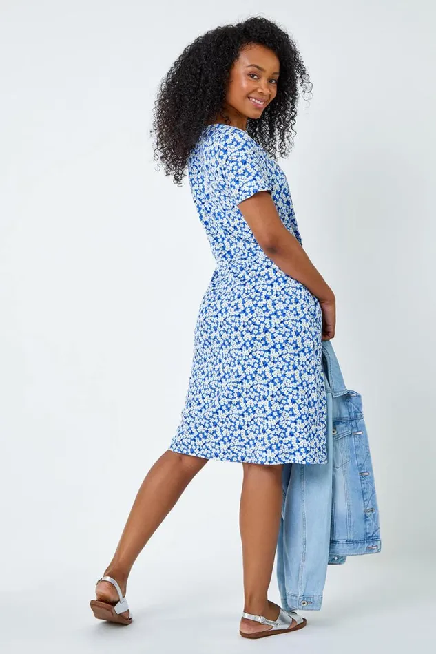 Blue Ditsy Floral Pocket Stretch Dress Women Roman Dresses