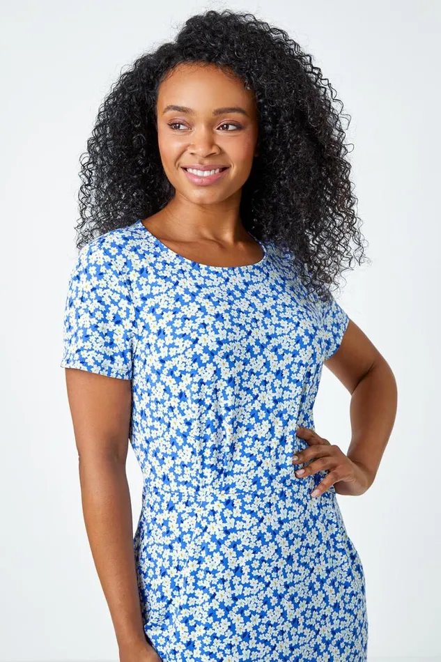 Blue Ditsy Floral Pocket Stretch Dress Women Roman Dresses