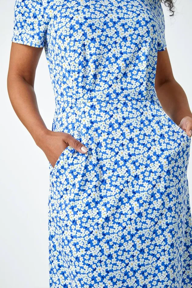 Blue Ditsy Floral Pocket Stretch Dress Women Roman Dresses