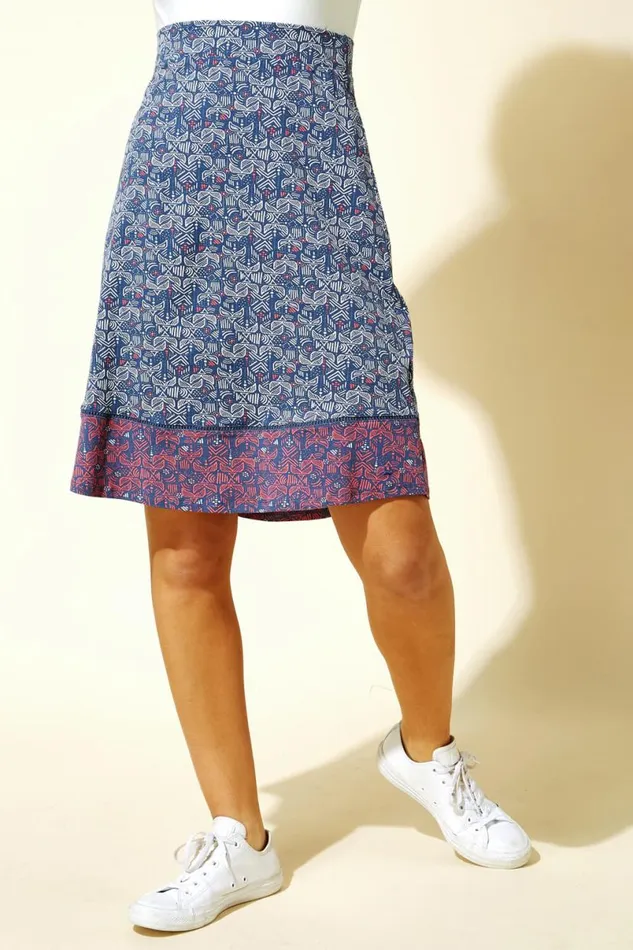 Blue Elastic Waist Mosaic Print A Line Skirt Women Roman Skirts
