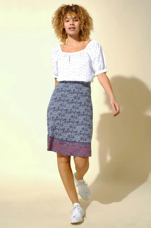 Blue Elastic Waist Mosaic Print A Line Skirt Women Roman Skirts
