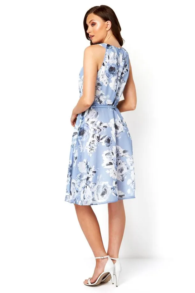 Blue Floral Fit And Flare Dress With Belt Women Roman Dresses