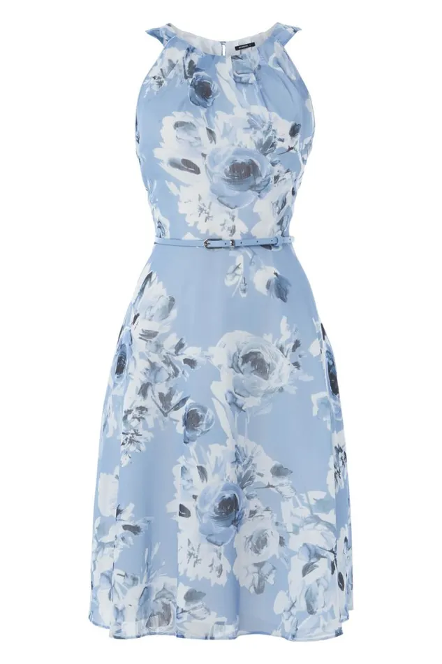 Blue Floral Fit And Flare Dress With Belt Women Roman Dresses