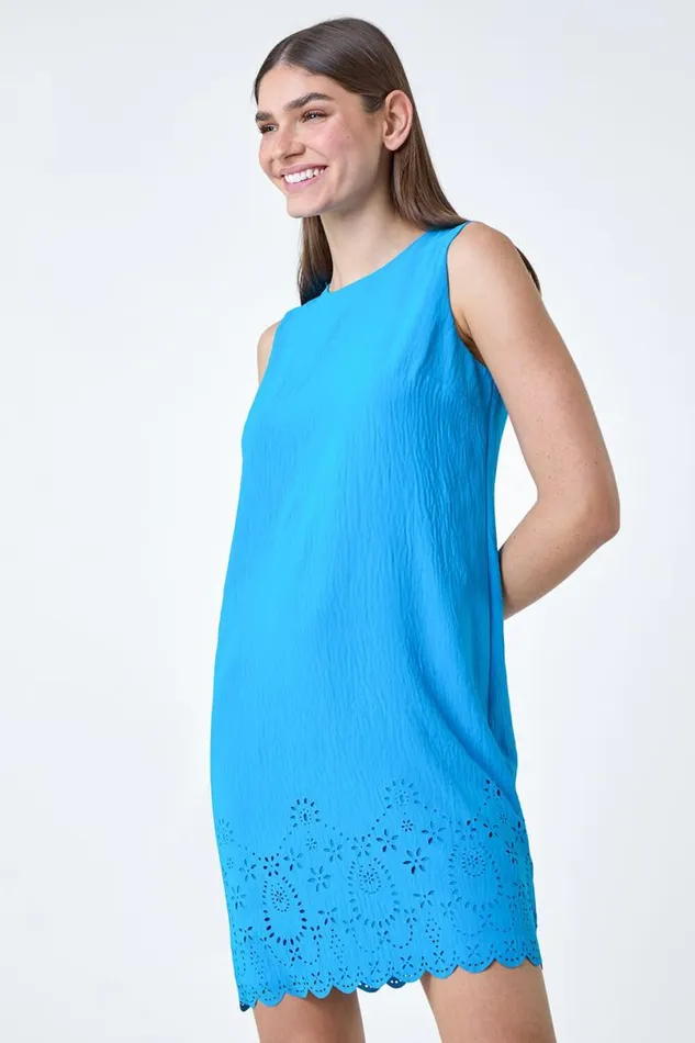 Blue Floral Hem Textured Shift Dress Women Roman Dresses