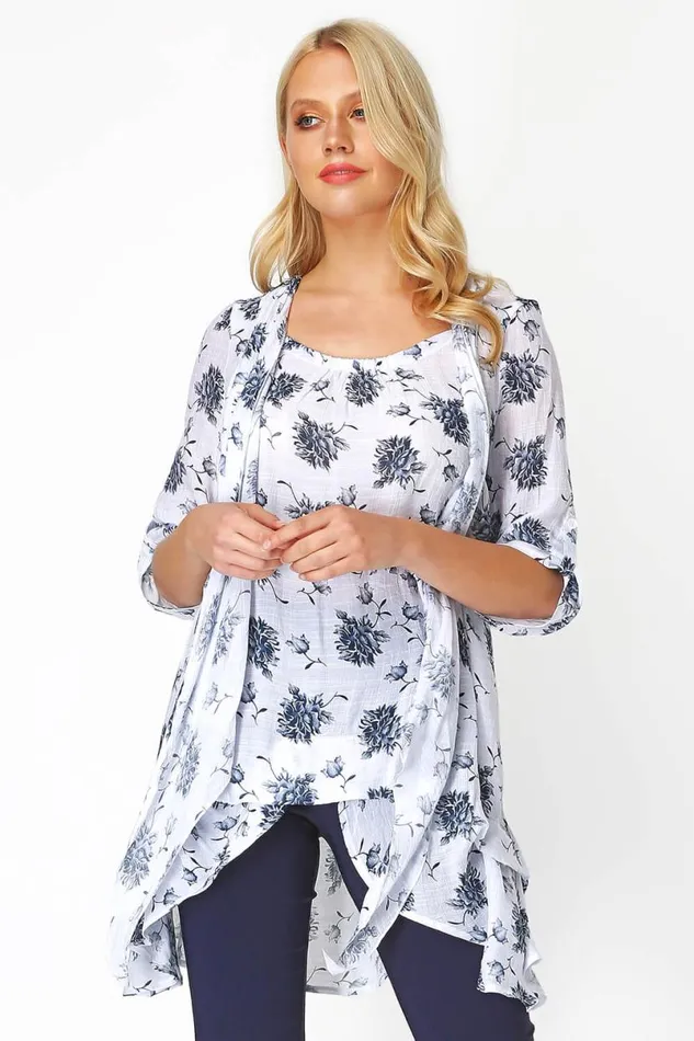 Blue Floral Print Crinkle Tunic Top Women Roman Tops