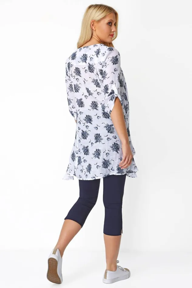 Blue Floral Print Crinkle Tunic Top Women Roman Tops
