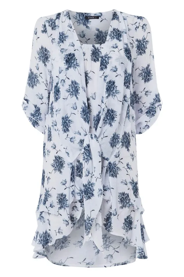 Blue Floral Print Crinkle Tunic Top Women Roman Tops