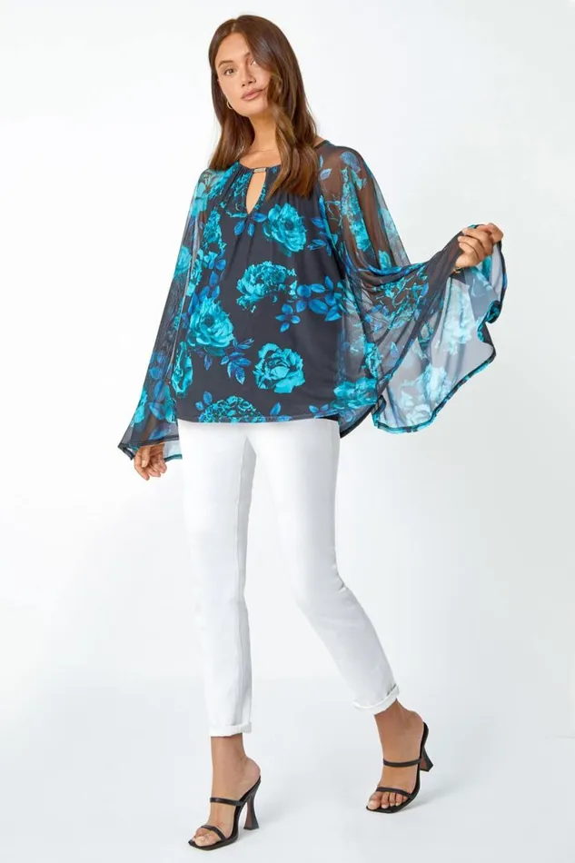 Blue Floral Print Mesh Chiffon Stretch Top Women Roman Tops