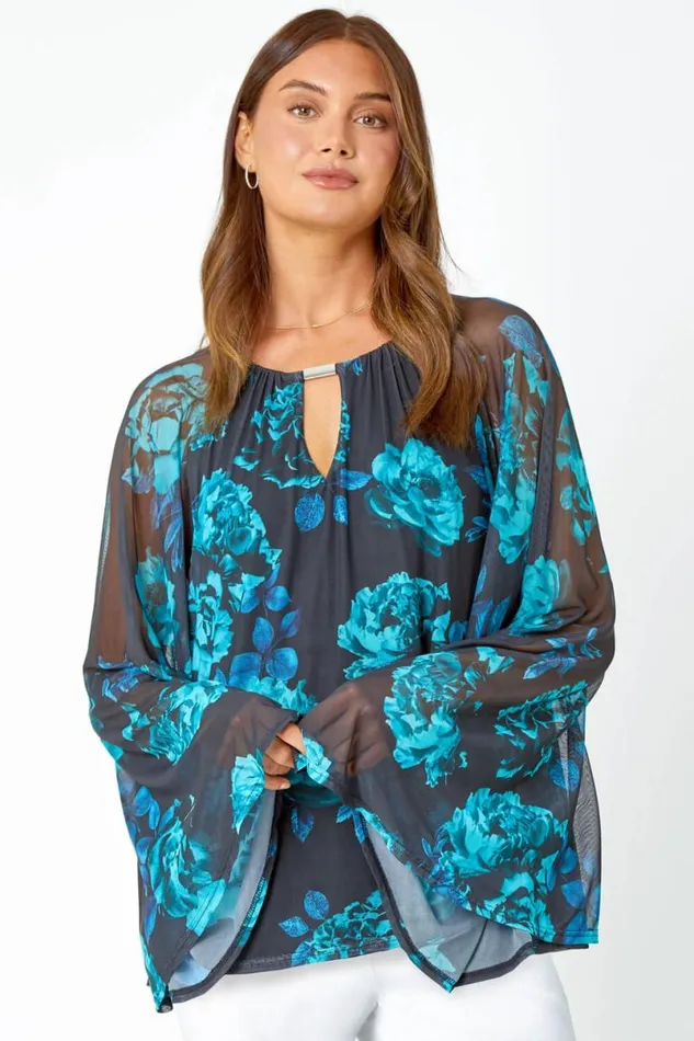 Blue Floral Print Mesh Chiffon Stretch Top Women Roman Tops