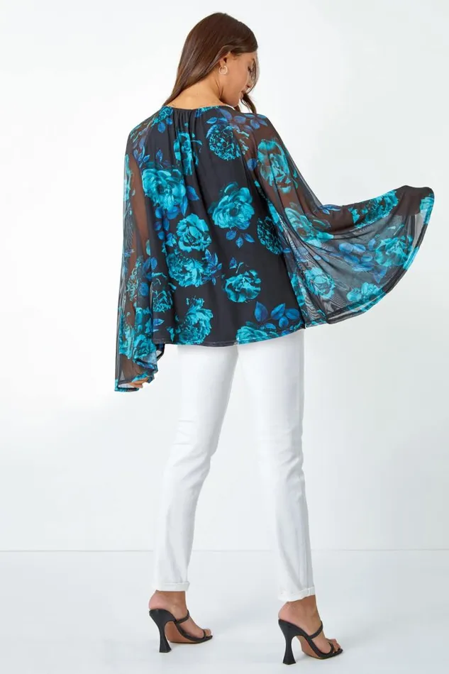 Blue Floral Print Mesh Chiffon Stretch Top Women Roman Tops