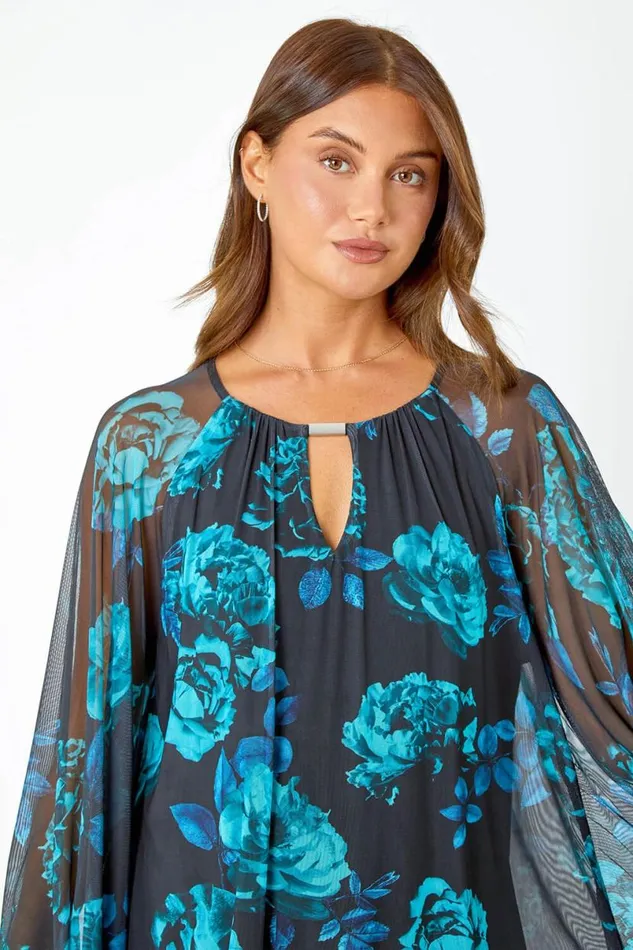 Blue Floral Print Mesh Chiffon Stretch Top Women Roman Tops