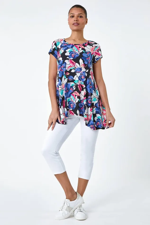 Blue Floral Print Stretch Hanky Hem Top Women Roman Tops