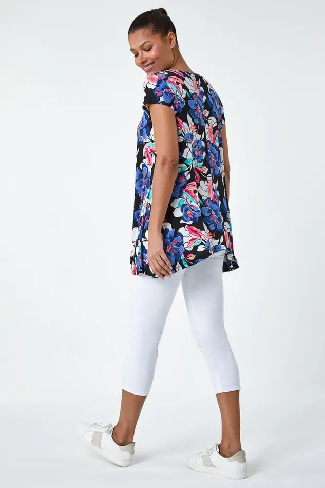 Blue Floral Print Stretch Hanky Hem Top Women Roman Tops