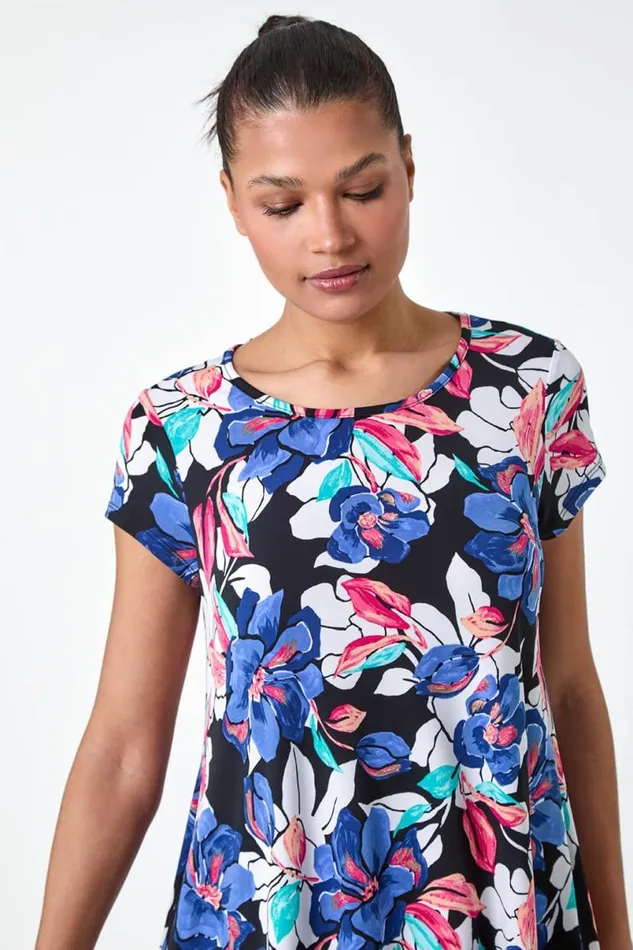 Blue Floral Print Stretch Hanky Hem Top Women Roman Tops