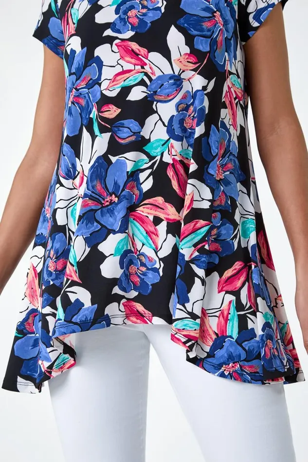 Blue Floral Print Stretch Hanky Hem Top Women Roman Tops