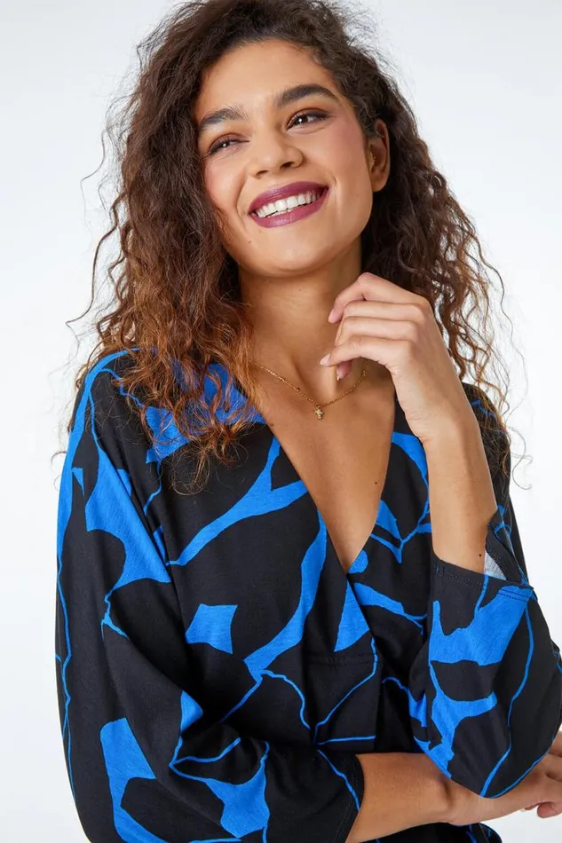 Blue Floral Print VNeck Pleat Front Tunic Top Women Roman Tops