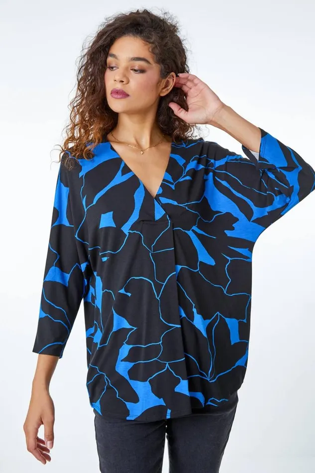 Blue Floral Print VNeck Pleat Front Tunic Top Women Roman Tops