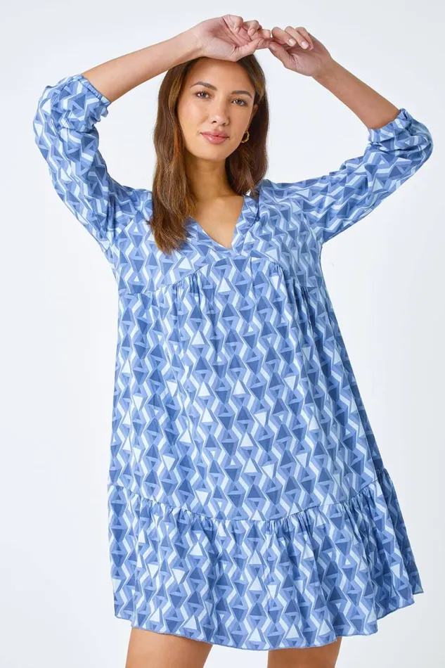 Blue Geometric Print Relaxed Smock Dress Women Roman Dresses