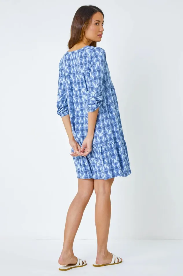 Blue Geometric Print Relaxed Smock Dress Women Roman Dresses