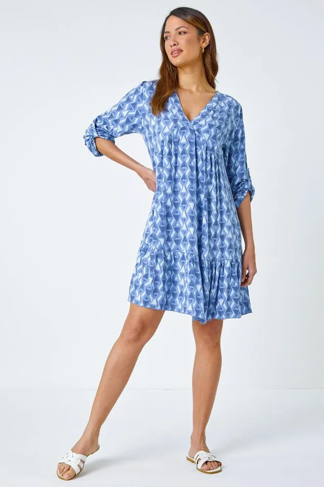Blue Geometric Print Relaxed Smock Dress Women Roman Dresses