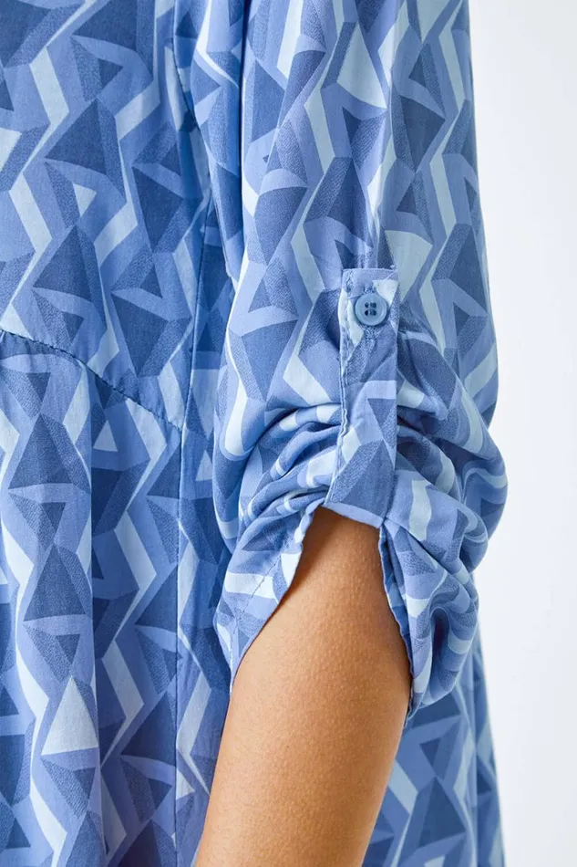 Blue Geometric Print Relaxed Smock Dress Women Roman Dresses