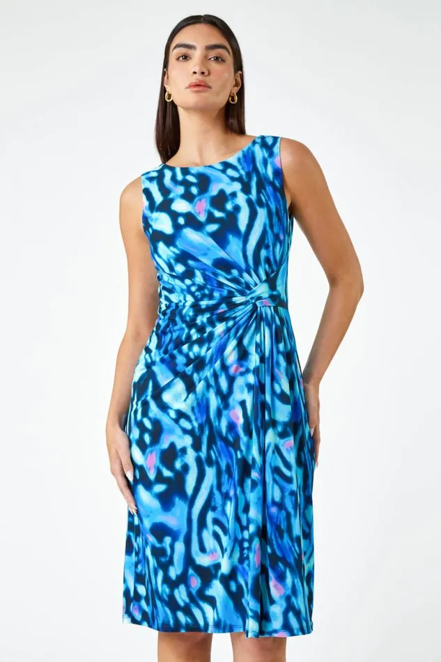 Blue LIMITED Animal Twist Detail Ruched Dress Women Roman Dresses
