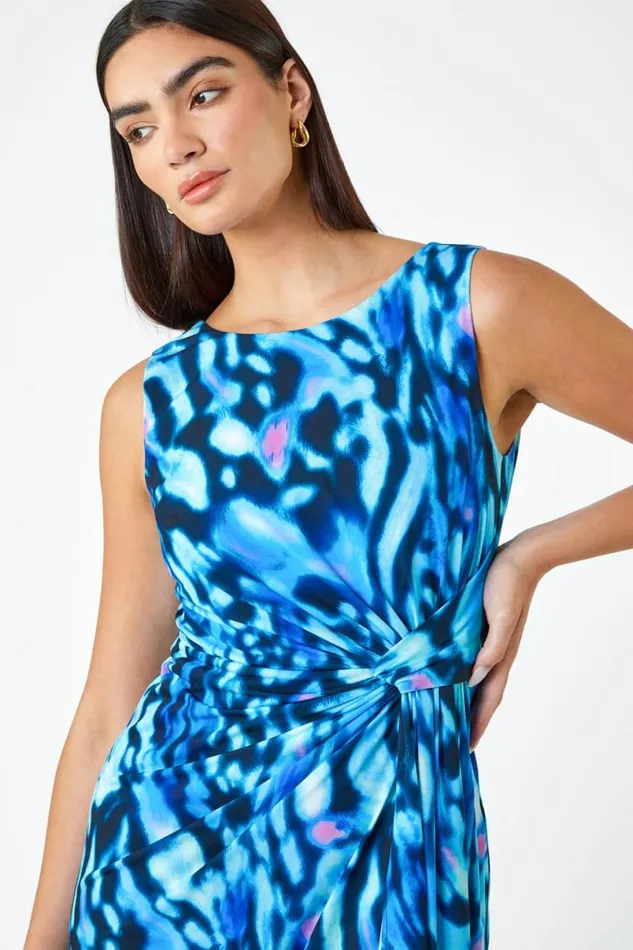 Blue LIMITED Animal Twist Detail Ruched Dress Women Roman Dresses