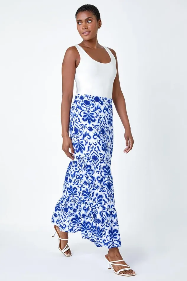 Blue Ornate Print Frilled Maxi Skirt Women Roman Skirts