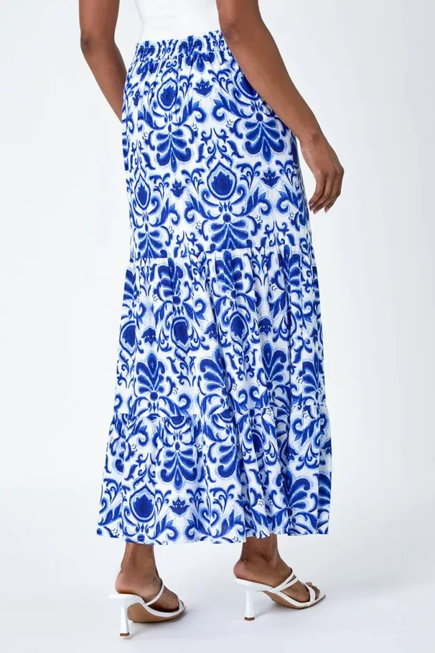 Blue Ornate Print Frilled Maxi Skirt Women Roman Skirts