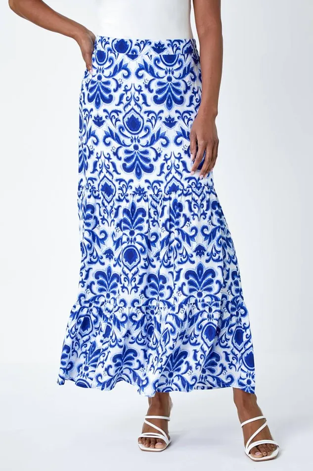 Blue Ornate Print Frilled Maxi Skirt Women Roman Skirts