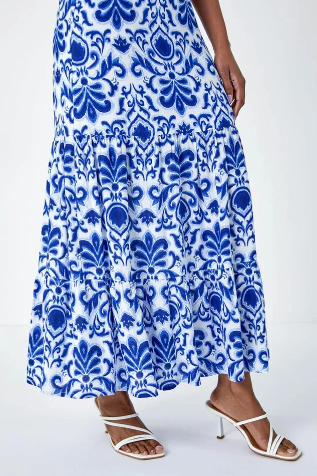 Blue Ornate Print Frilled Maxi Skirt Women Roman Skirts
