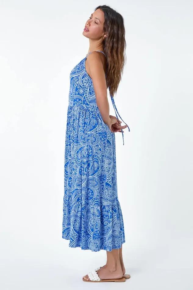 Blue Paisley Gathered Neckline Midi Stretch Dress Women Roman Dresses