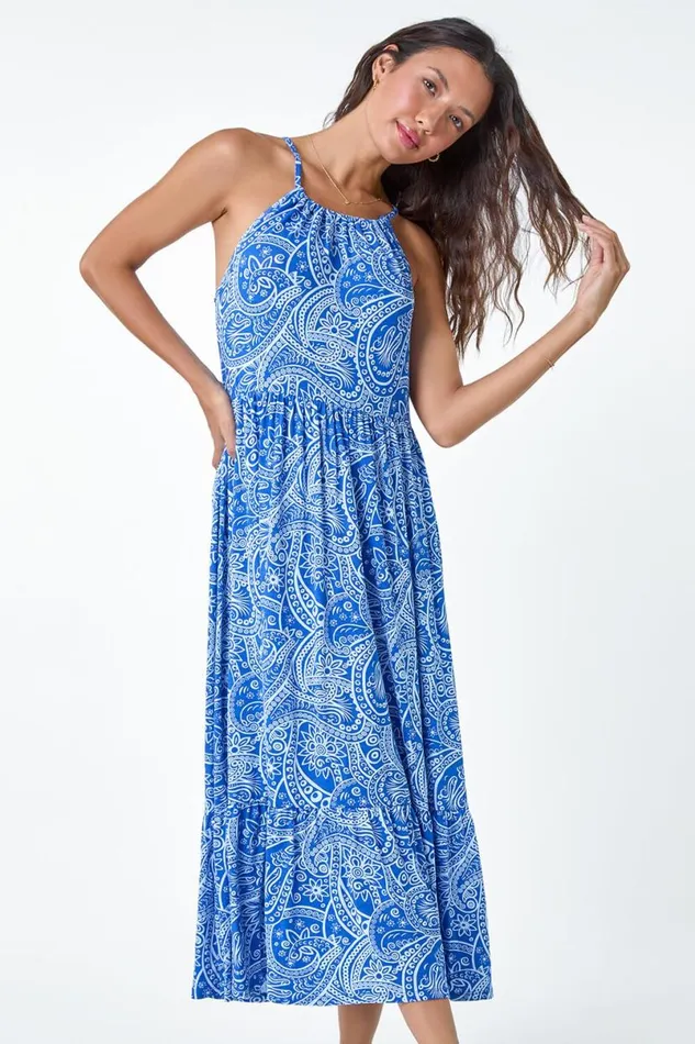 Blue Paisley Gathered Neckline Midi Stretch Dress Women Roman Dresses