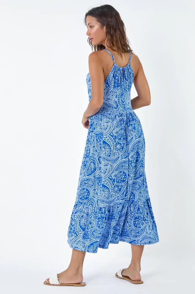 Blue Paisley Gathered Neckline Midi Stretch Dress Women Roman Dresses