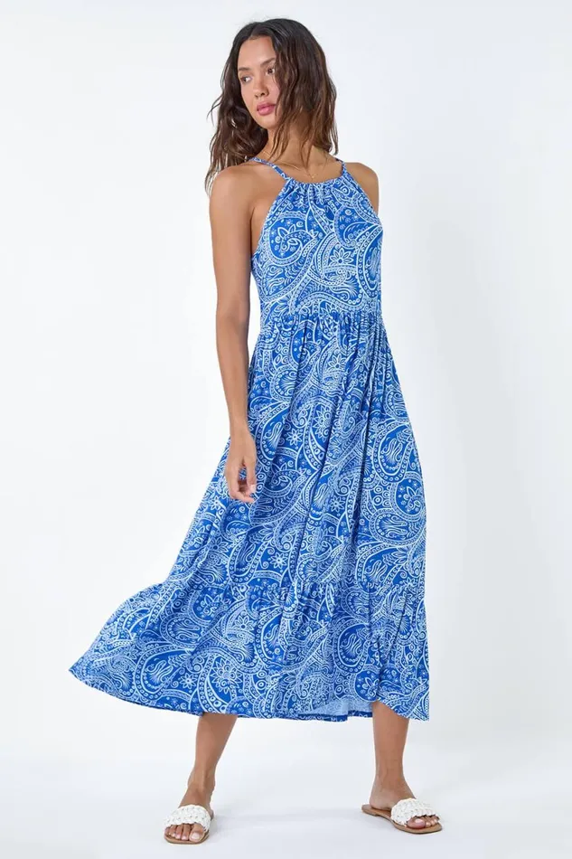 Blue Paisley Gathered Neckline Midi Stretch Dress Women Roman Dresses