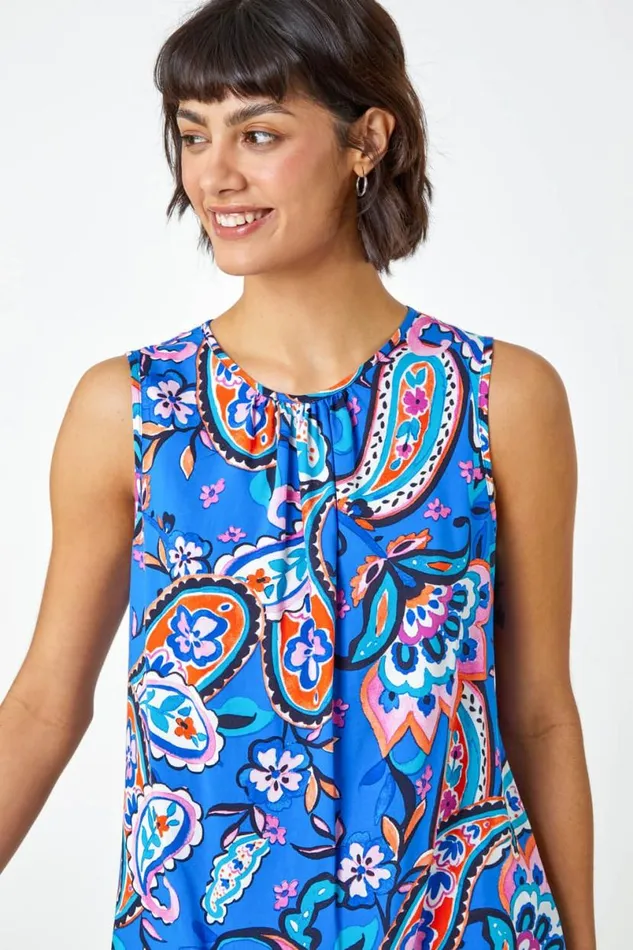 Blue Paisley Print Button Back Shell Top Women Roman Tops