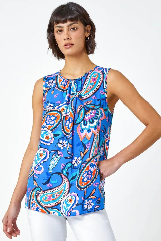 Blue Paisley Print Button Back Shell Top Women Roman Tops