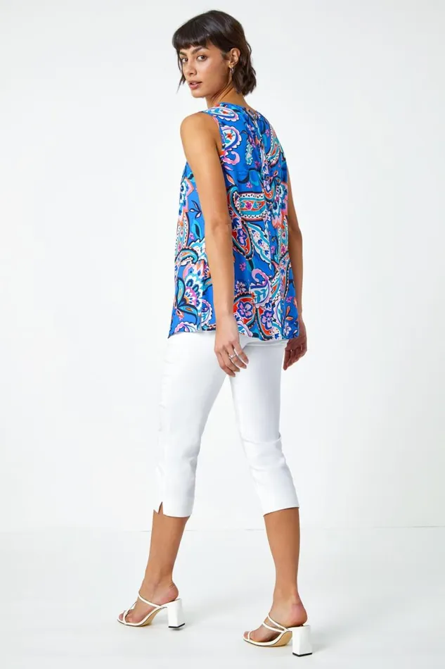 Blue Paisley Print Button Back Shell Top Women Roman Tops