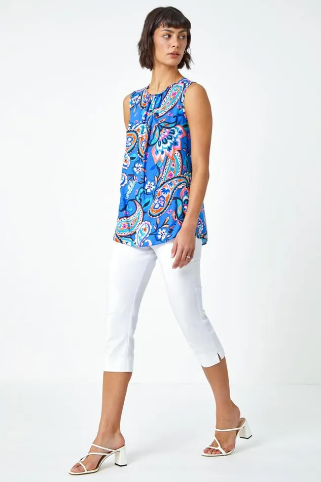 Blue Paisley Print Button Back Shell Top Women Roman Tops