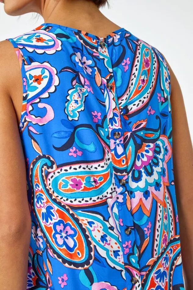 Blue Paisley Print Button Back Shell Top Women Roman Tops