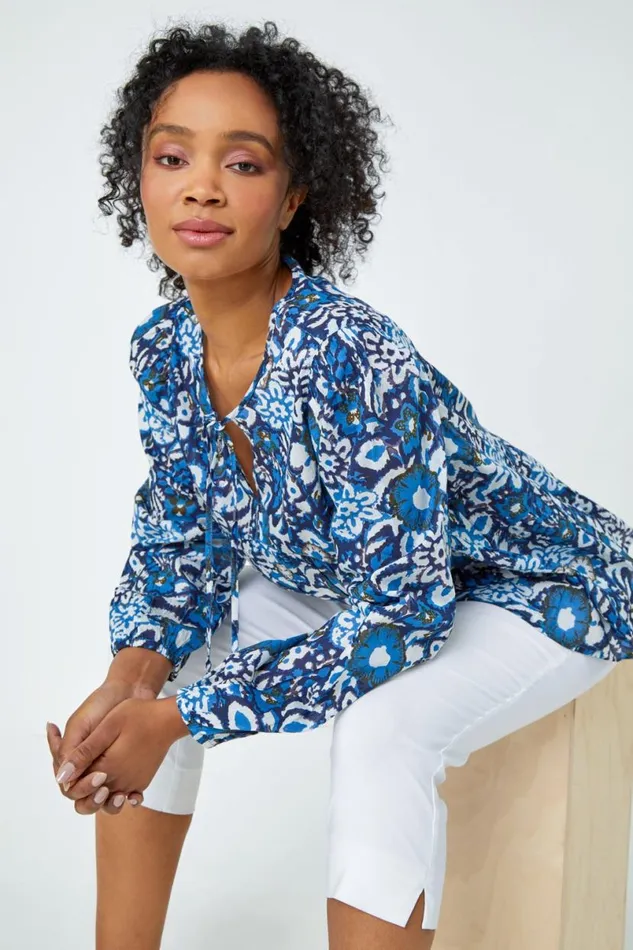 Blue Petite Cotton Floral Print Tie Top Women Roman Tops