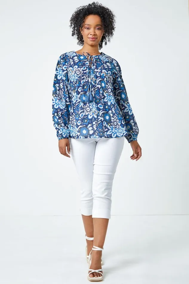 Blue Petite Cotton Floral Print Tie Top Women Roman Tops