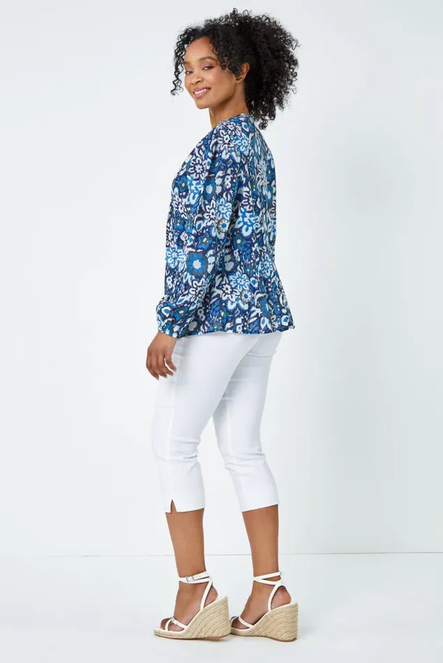 Blue Petite Cotton Floral Print Tie Top Women Roman Tops