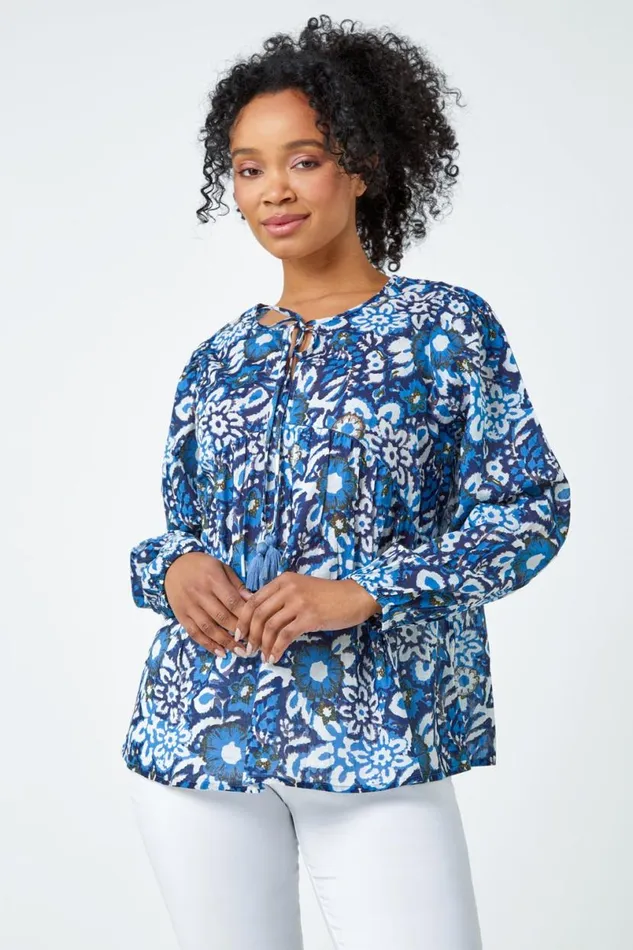 Blue Petite Cotton Floral Print Tie Top Women Roman Tops