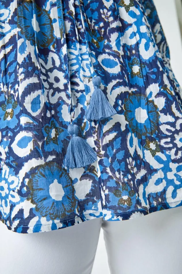 Blue Petite Cotton Floral Print Tie Top Women Roman Tops