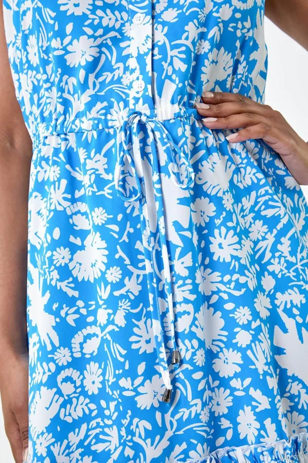 Blue Petite Ditsy Floral Frill Hem Shirt Dress Women Roman Dresses