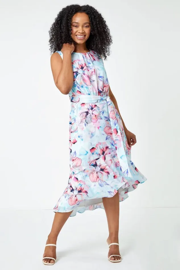 Blue Petite Floral Chiffon Frill Hem Dress Women Roman Dresses