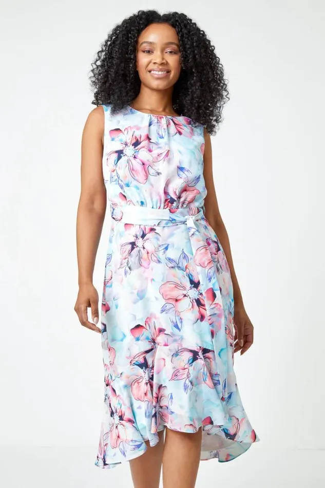 Blue Petite Floral Chiffon Frill Hem Dress Women Roman Dresses