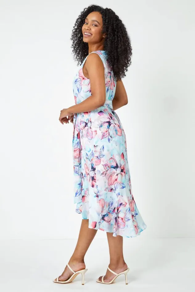 Blue Petite Floral Chiffon Frill Hem Dress Women Roman Dresses